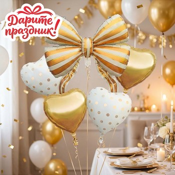 Интерьерное украшение Набор шаров "Золотой бант и сердечки"
