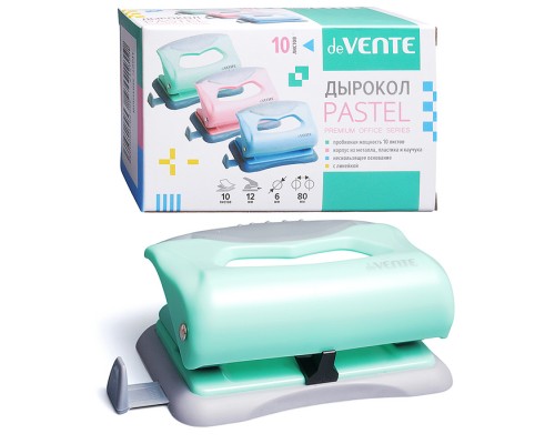 Дырокол "Pastel" (10 листов) пластиковый с каучуковой вставкой, с линейкой, в картонной коробке, мятный