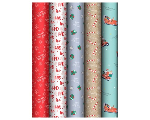 Упаковочная бумага глянц. 70*100см, "Ho ho", 80г/м2, ассорти 5 дизайнов