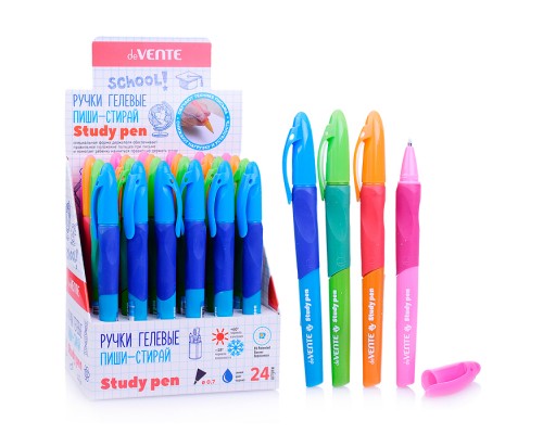 Ручка гелевая стираемая "Study Pen" обучающая письму, для правшей, d=0,7 мм, с каучуковым держателем, с ластиком в колпачке, сменный стержень, с индивидуальной маркировкой, в картонном дисплее, синие чернила