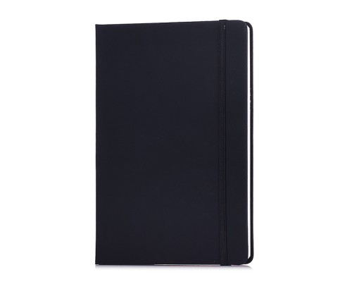 Записная книжка A5 (140 ммx205 мм) 160 стр, кремовая бумага 70 г/м&sup2; в клетку, печать в 1 краску, твердая обложка из искусственной кожи с покрытием Soft Touch, вертикальная резинка, закругленные уголки, 1 ляссе, в термоусадочной пленке, черная