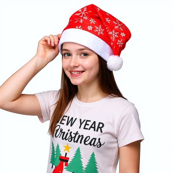 Колпак карнавальный, белые снежинки на красном  28*38см