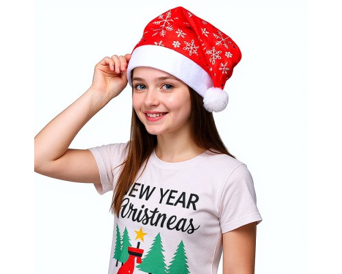 Колпак карнавальный, белые снежинки на красном  28*38см