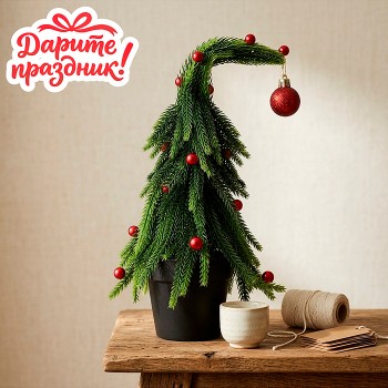 Ель декоративная с красным декором (25см)