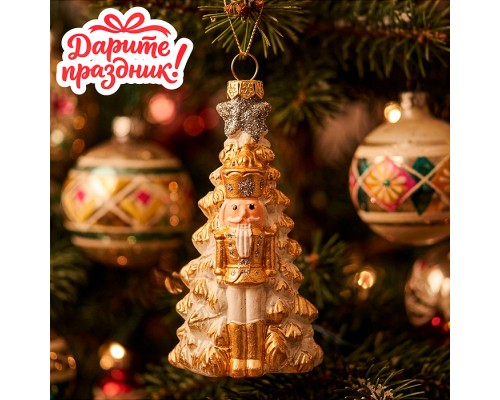 Елочное украшение "Золотая ёлочка с щелкунчиком" (5.4*4.3*10.5см)