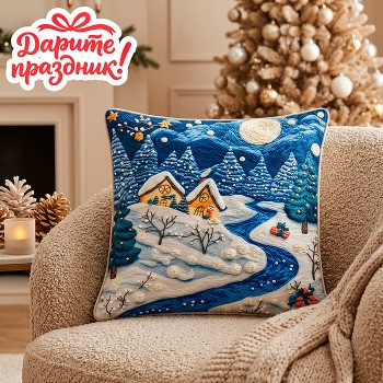 Новогоднее украшение "Наволочка для подушки "Рождество в деревне" 45*45 см.