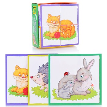 Умные кубики в поддончике. 4 штуки. У кошки котёнок. 2+