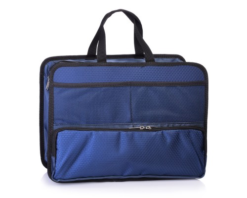 Папка для тетрадей, ИЗО и технологии "A4 (34x25x10 см) текстильная с узором соты, с расширением 10 см, на молнии сверху, жесткие стенки, внешний карман на молнии для кисточек, 2 внешних кармана - сетки, текстильные ручки, цвет синий, индивидуальная у