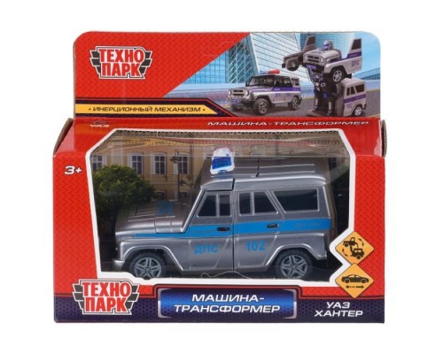 Машина пластик UAZ Hunter 12 см, трансформер, Полиция, инерц, серебристый